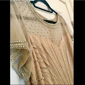 Short Sleeve Beaded Godet Dress with Silver Detail